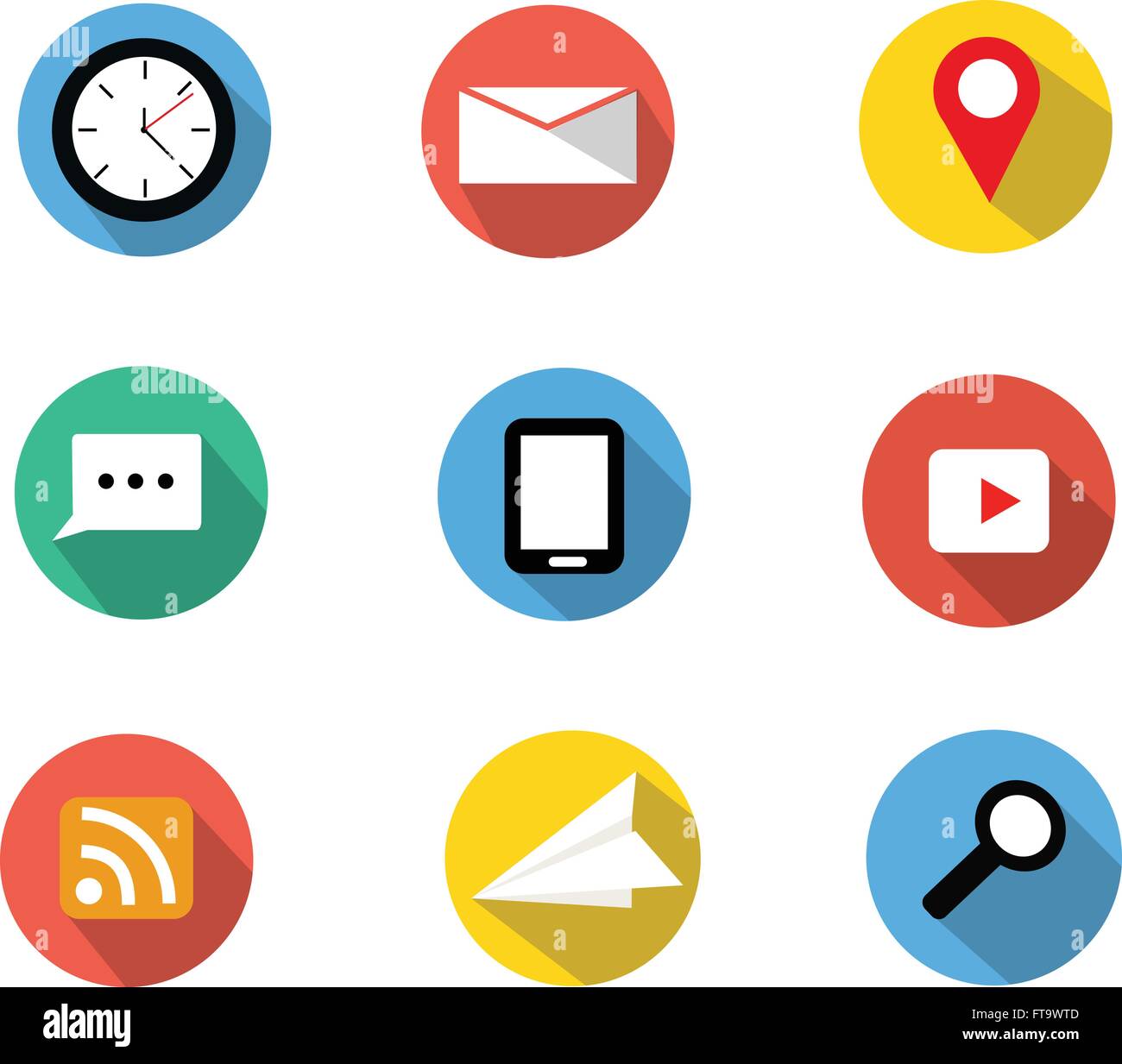 Flat icons set contain clock,e-mail,location,chat,smart-phone,video clips,rss feed,paper plane,search Stock Vector