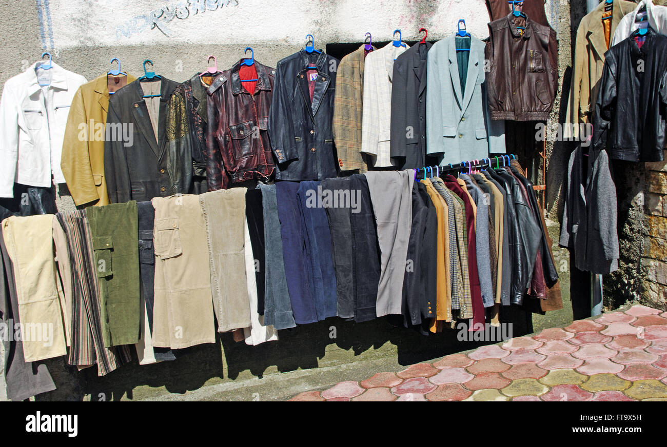Clothes on Rack beside Shop, Shkoder, Albania Stock Photo - Alamy