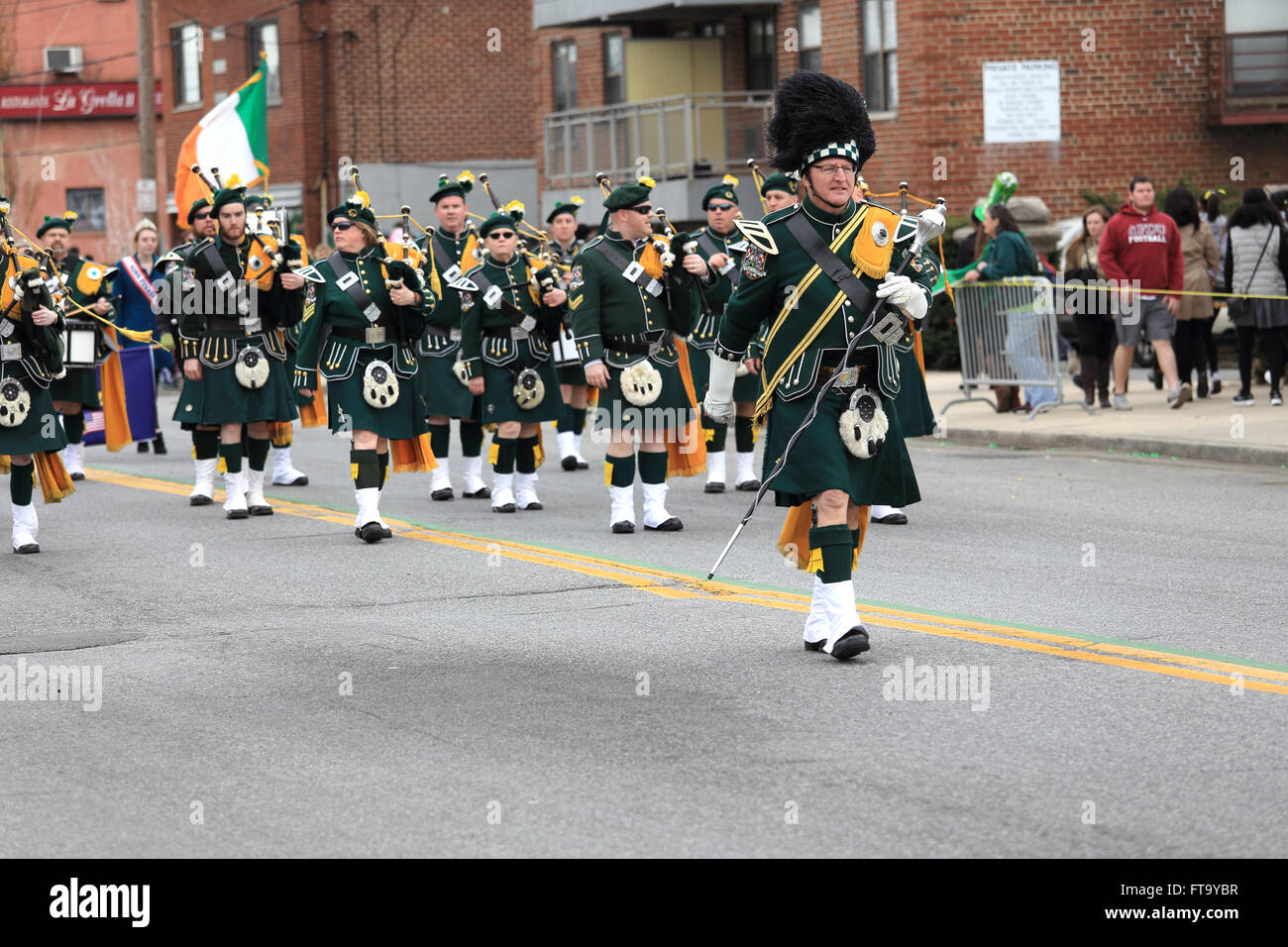 Pipes and Drums band marching in St. Patrick's Day parade Yonkers New