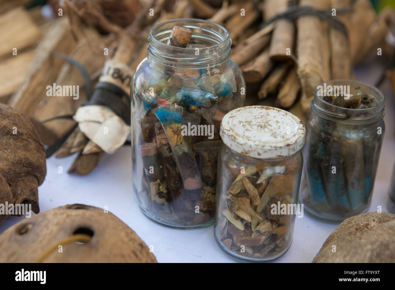 Herbal treatments and Potions for sale at the annual Healing Festival during Holy Week on Siquijor Island,Philippines Stock Photo