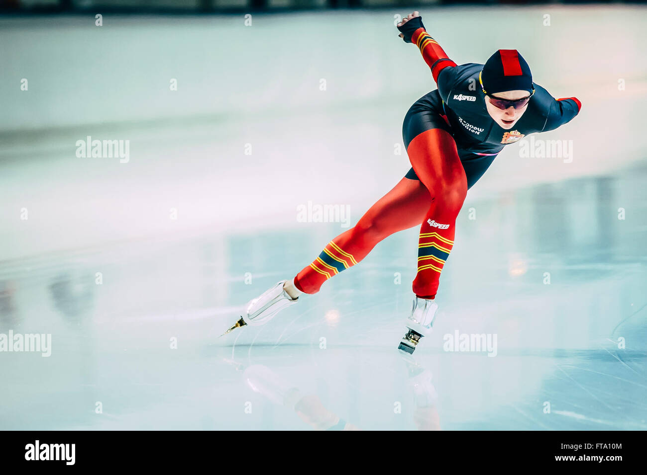 Chelyabinsk, Russia - October 15, 2015: female athlete speed skaters track runs during Cup of Russia on speed skating Stock Photo