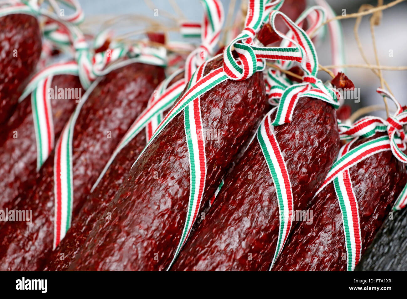 Group of traditional hungarian salami for sale Stock Photo Alamy