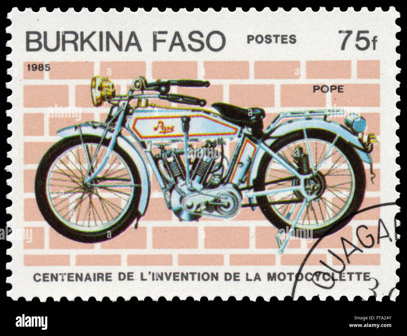 BUDAPEST, HUNGARY - 18 march 2016:  a stamp printed in Burkina Faso shows image of a vintage motorcycle, Pope, circa 1985 Stock Photo