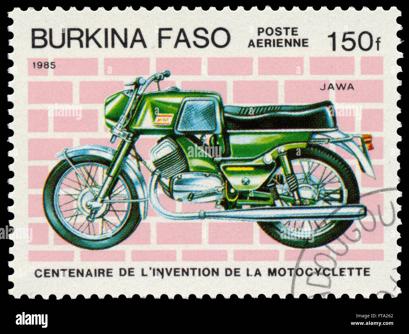 BUDAPEST, HUNGARY - 18 march 2016:  a stamp printed in Burkina Faso shows image of a vintage motorcycle, Jawa, circa 1985 Stock Photo