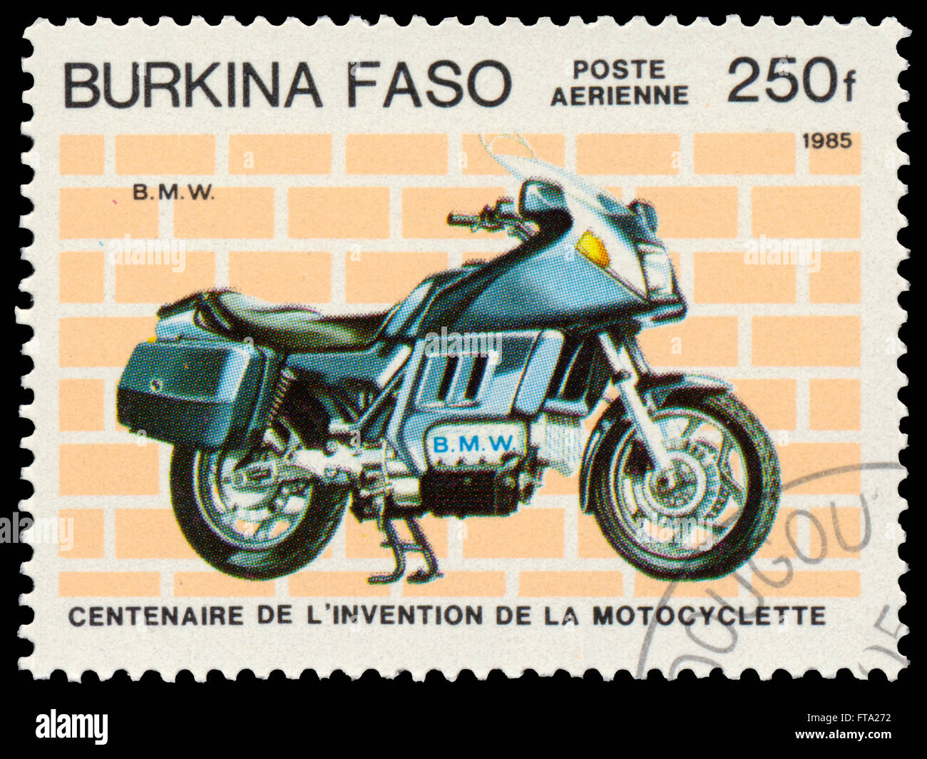 BUDAPEST, HUNGARY - 18 march 2016:  a stamp printed in Burkina Faso shows image of a vintage motorcycle, BMW, circa 1985 Stock Photo