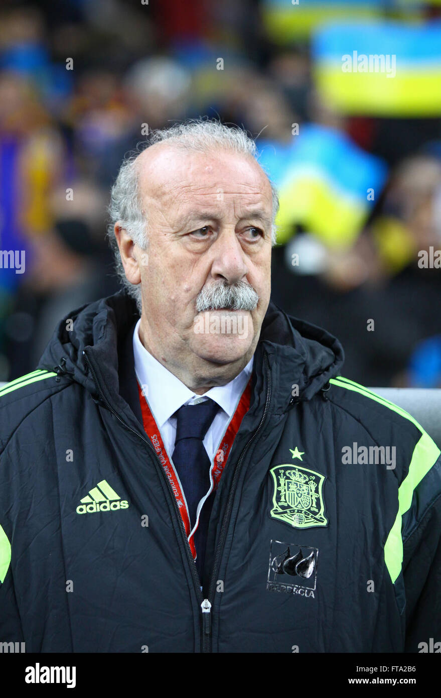 KYIV, UKRAINE - OCTOBER 12, 2015: Head coach of Spain National football team Vicente del Bosque looks on during UEFA EURO 2016 Qualifying game against Ukraine at NSK Olimpiyskyi stadium Stock Photo