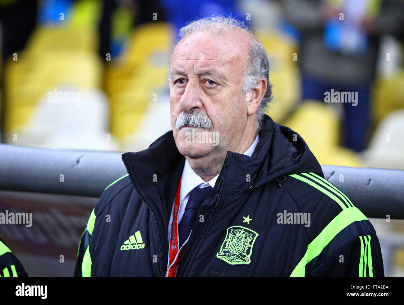 KYIV, UKRAINE - OCTOBER 12, 2015: Head coach of Spain National football team Vicente del Bosque looks on during UEFA EURO 2016 Q Stock Photo