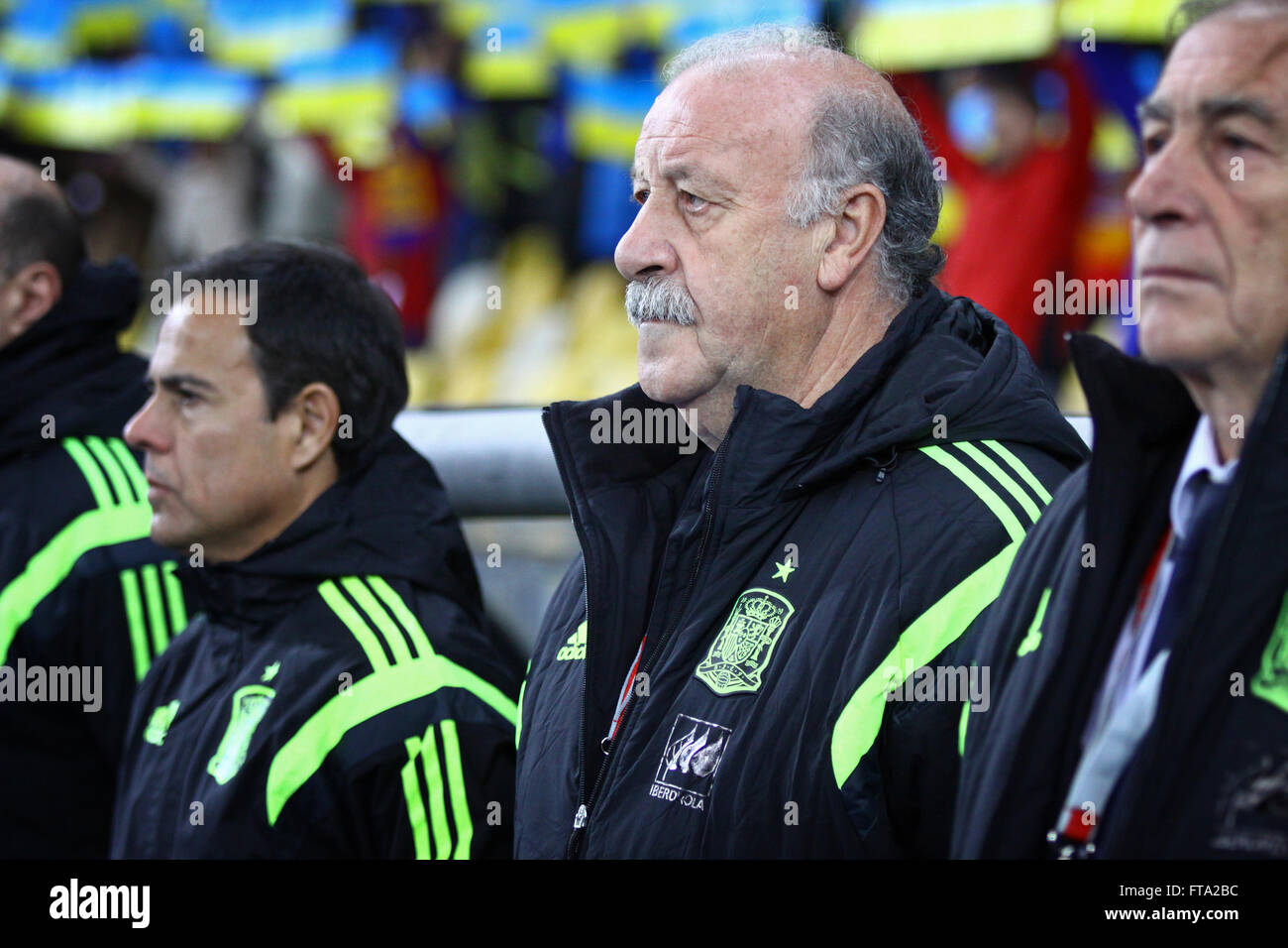 KYIV, UKRAINE - OCTOBER 12, 2015: Head coach of Spain National football team Vicente del Bosque looks on during UEFA EURO 2016 Q Stock Photo