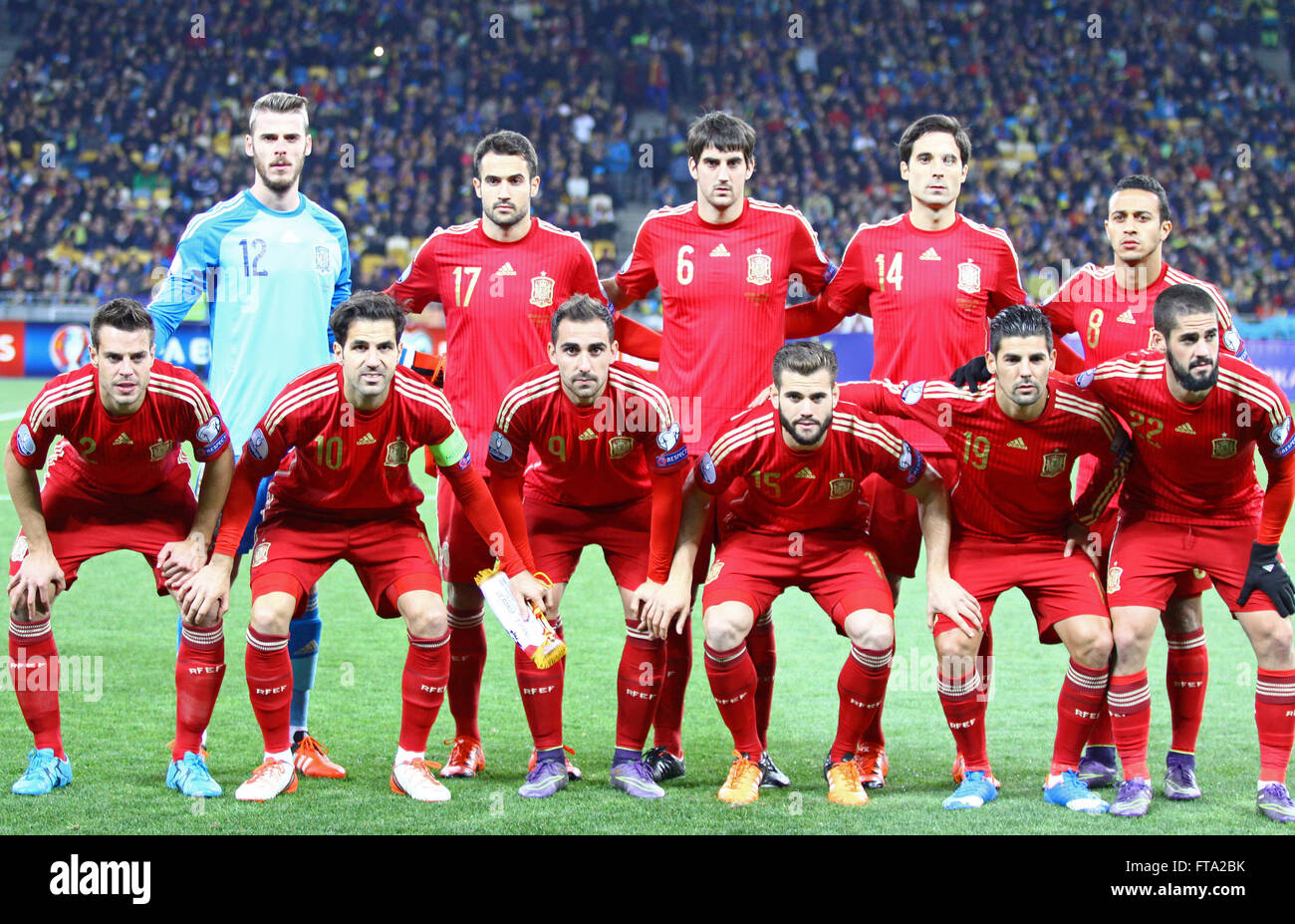 KYIV, UKRAINE - OCTOBER 12, 2015: Players of Spain National football team pose for a group photo before UEFA EURO 2016 Qualifyin Stock Photo