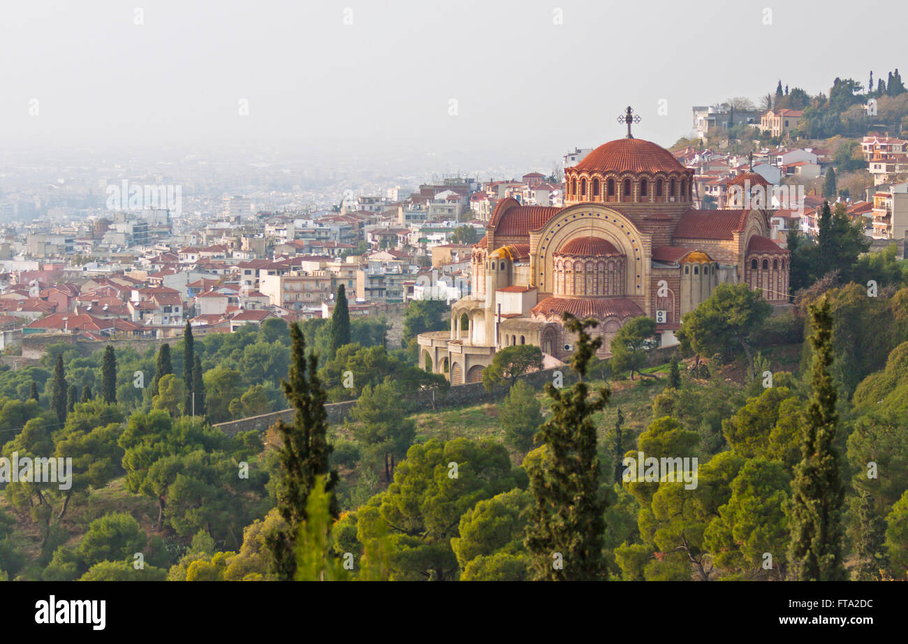 Orthodox church of Saint Pavlo (Agios Pavlos) and aerial view of Thessaloniki city, Greece Stock Photo
