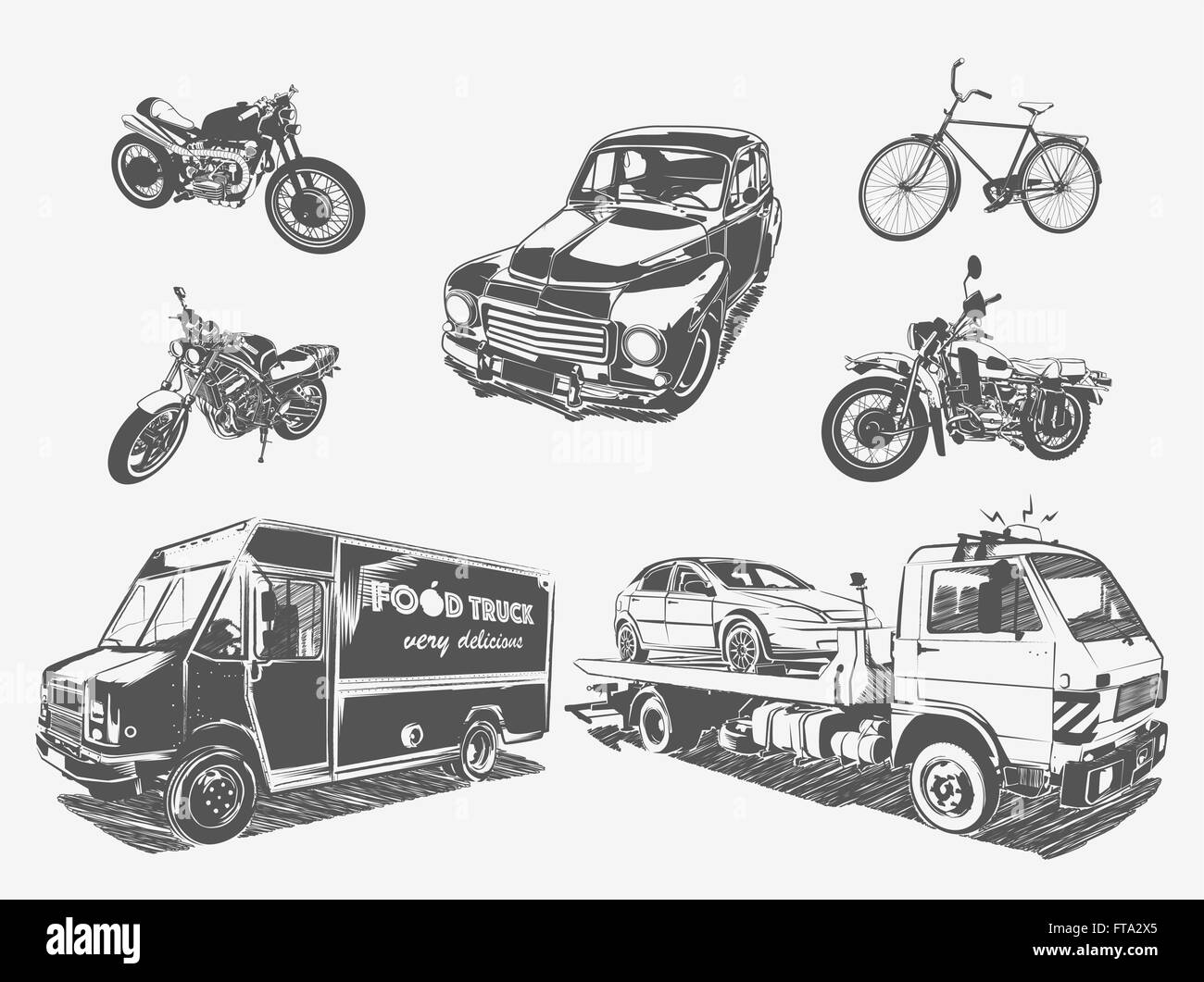 Vector illustration set of transport motorcycle, bicycle, car, tow truck, food truck. Stock Vector
