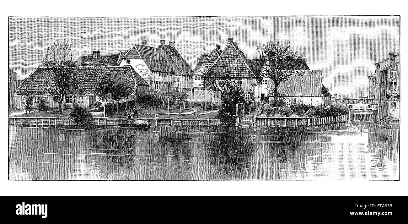Black and white engraving of a mill on a river near the Danish town of Ribe. Stock Photo
