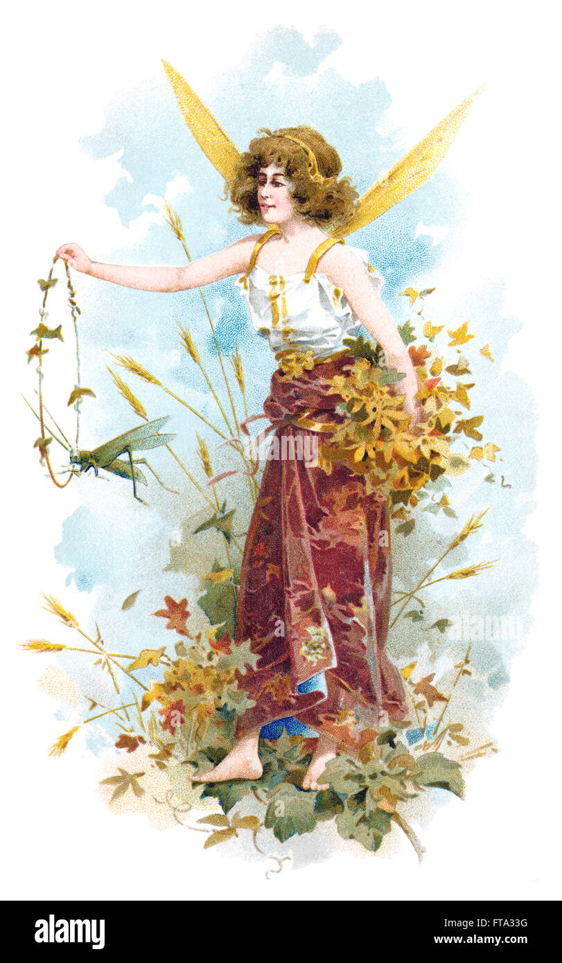 Colour illustration of a woodland fairy holding a hoop through which a grasshopper is jumping. Stock Photo