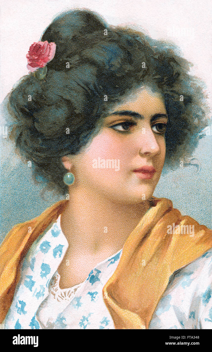 Edwardian chromo-litho postcard of a dark-haired woman. Stock Photo