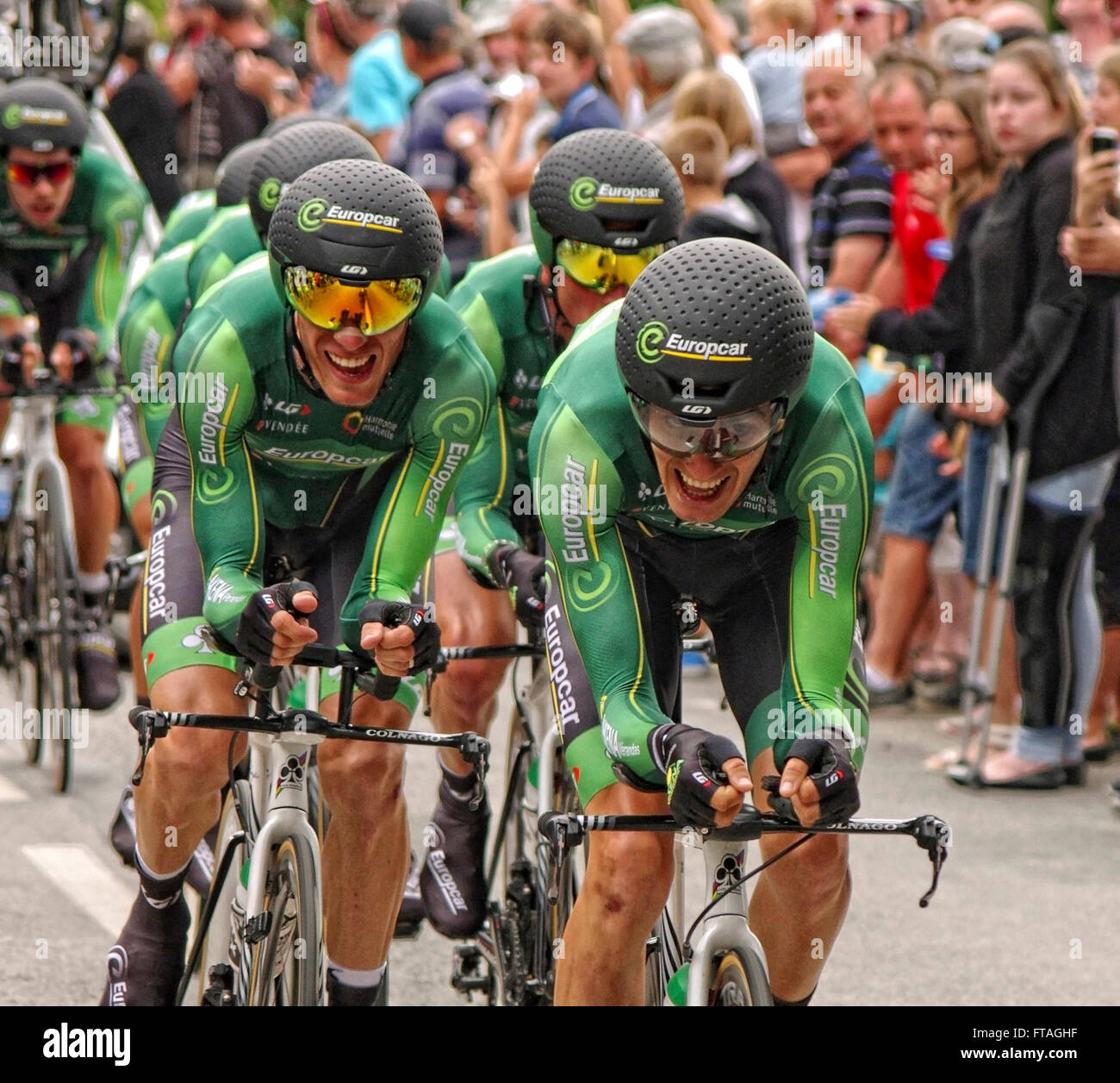 Le Bodan, Plumelec, Brittany France. 12th July, 2015. Team Europcar competing at the Tour de France 2015 Stage 9 Team Time Trial Stock Photo