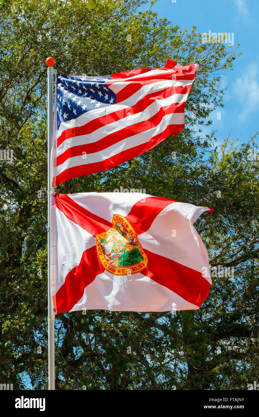 Stars and Stripes, American national flag and the flag of the state of Florida. Stock Photo