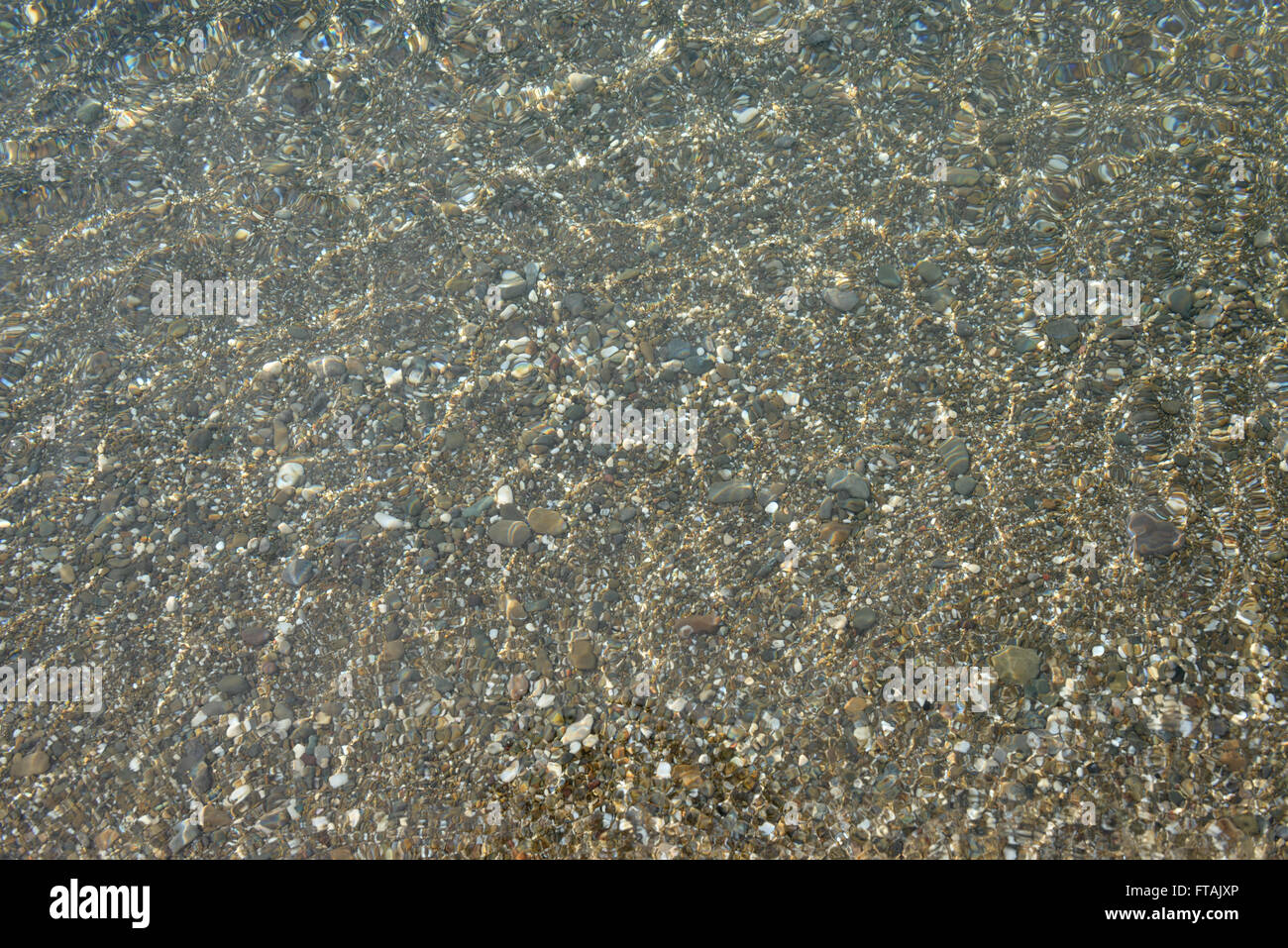 Shimmering sun glares on pebble seabed under clear water of shallow of ...