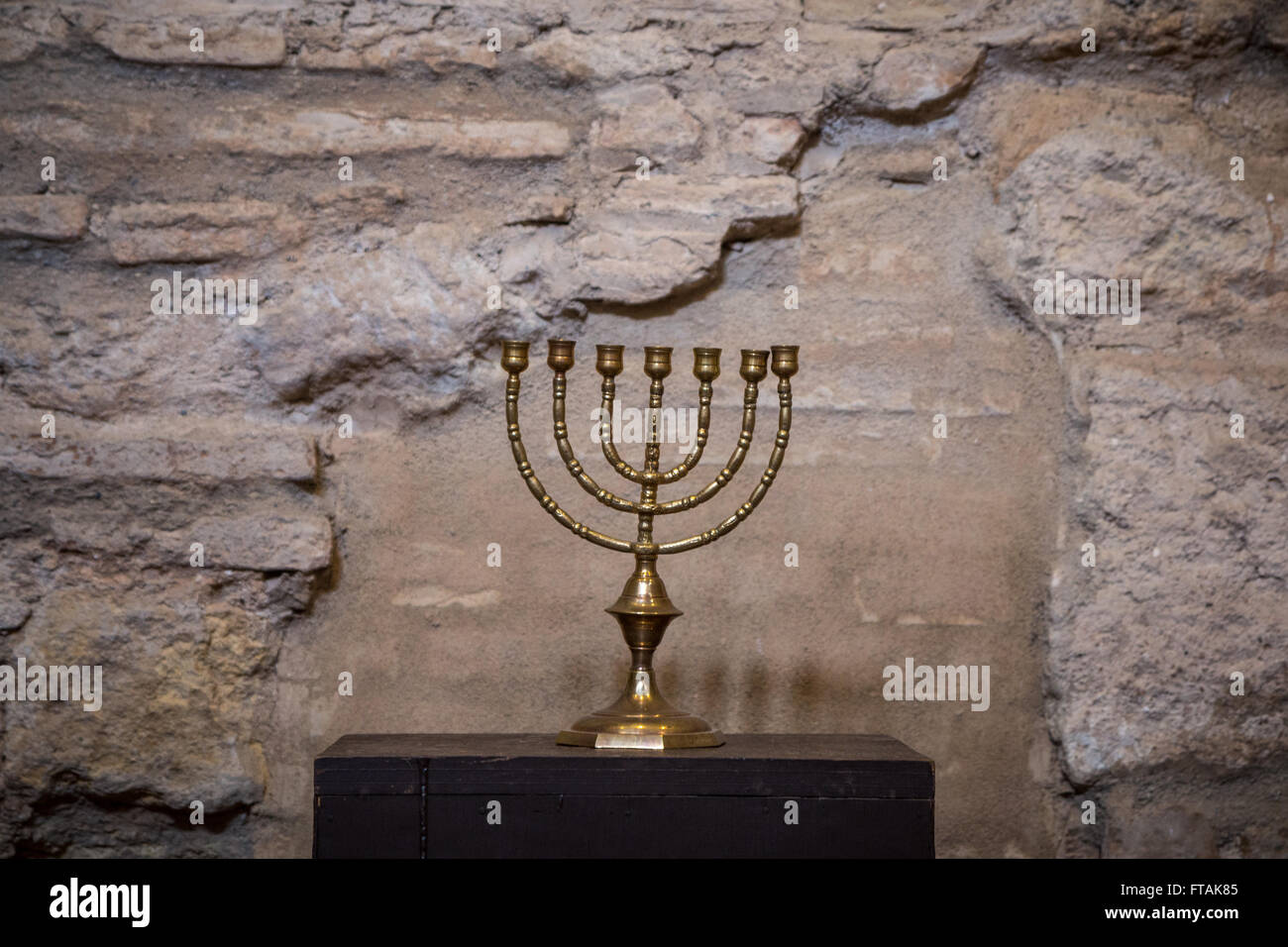Menorah in the 14th century synagogue Stock Photo