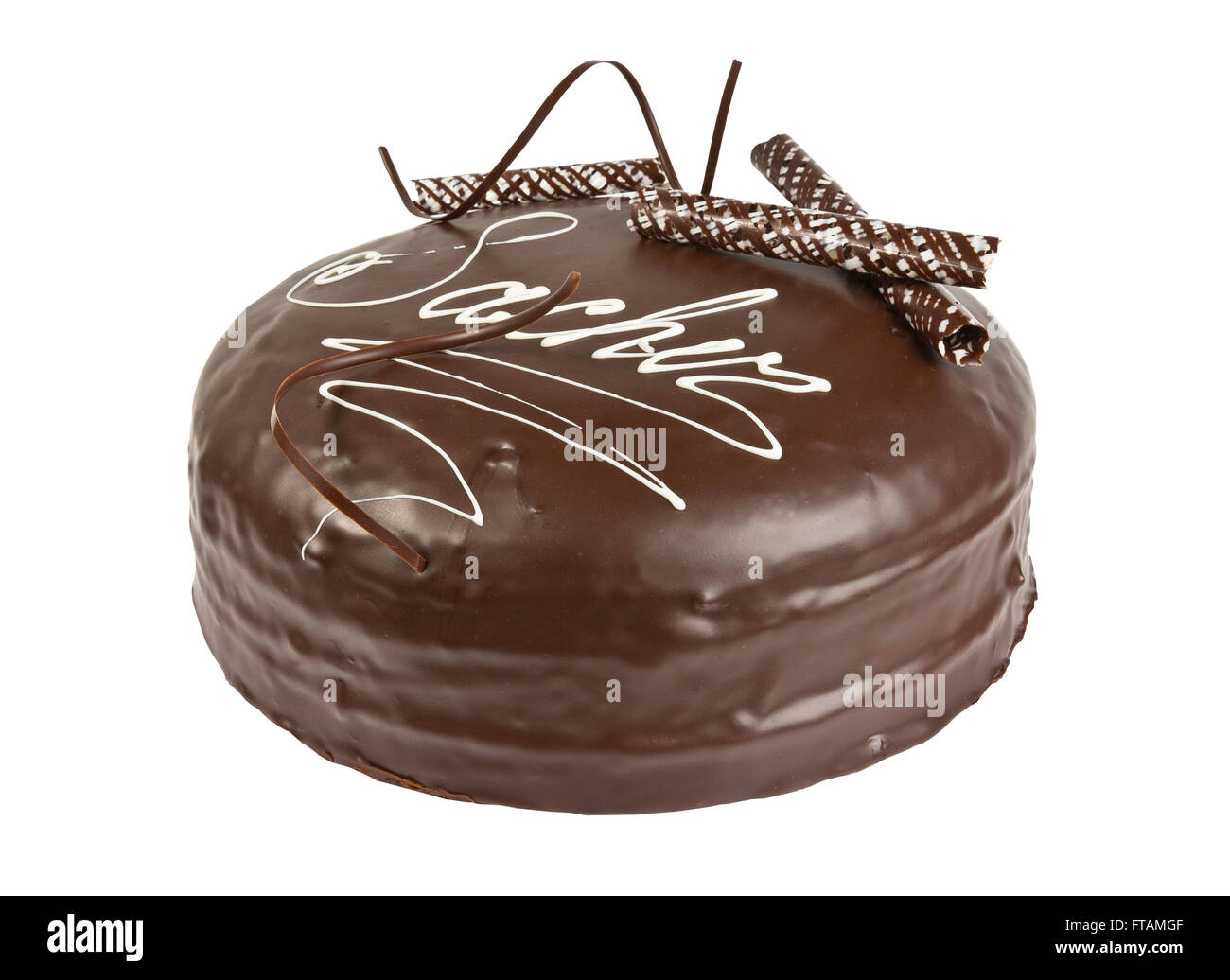 Delicious biscuit cake with chocolate isolated on white background ...