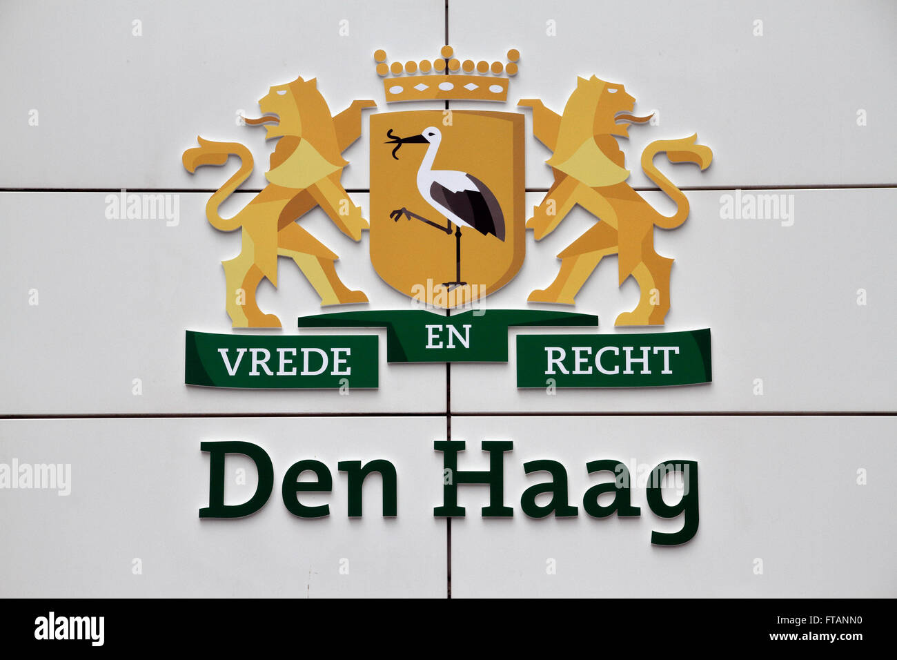 The logo and slogan for the Hague, 'Vrede En Recht Den Haag' in The Hague, Netherlands. Stock Photo