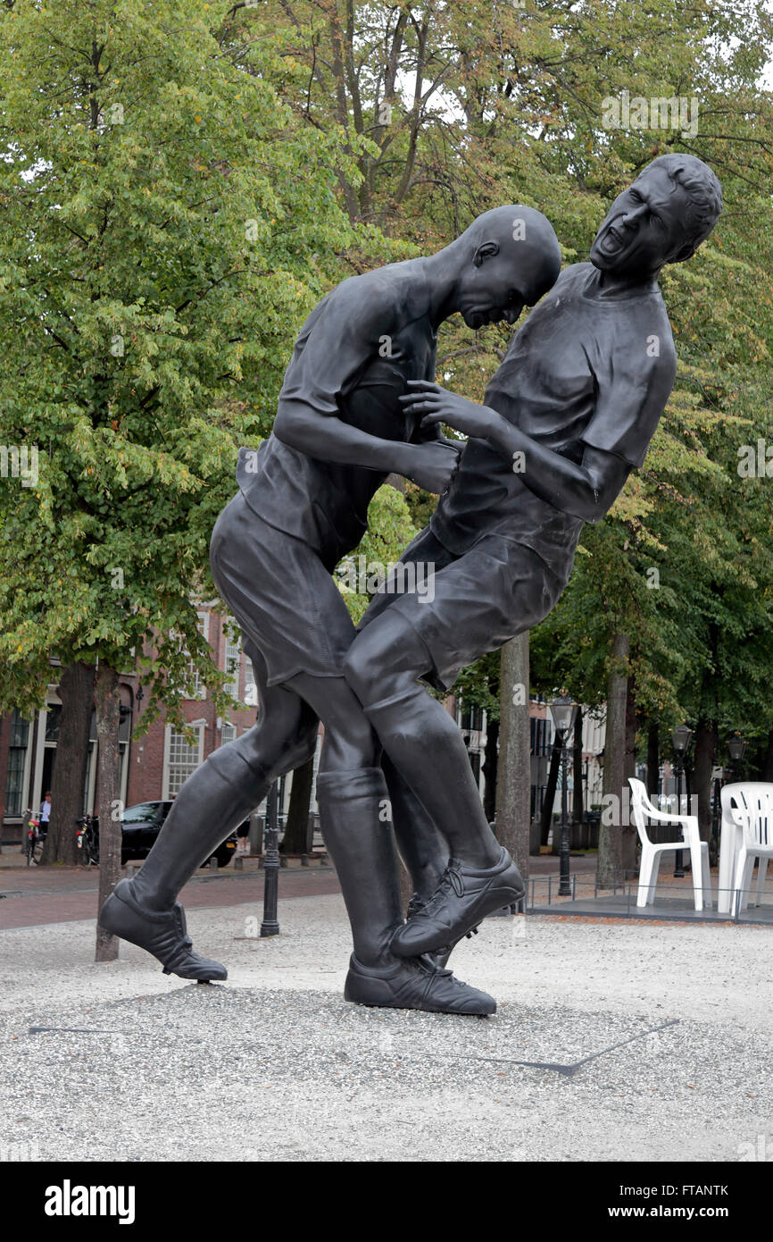 5m high bronze sculpture 'Coup de Tete' by Adel Abdessemed (Zinedine Zidane headbutting Marco Materazzi), The Hague, Netherlands Stock Photo