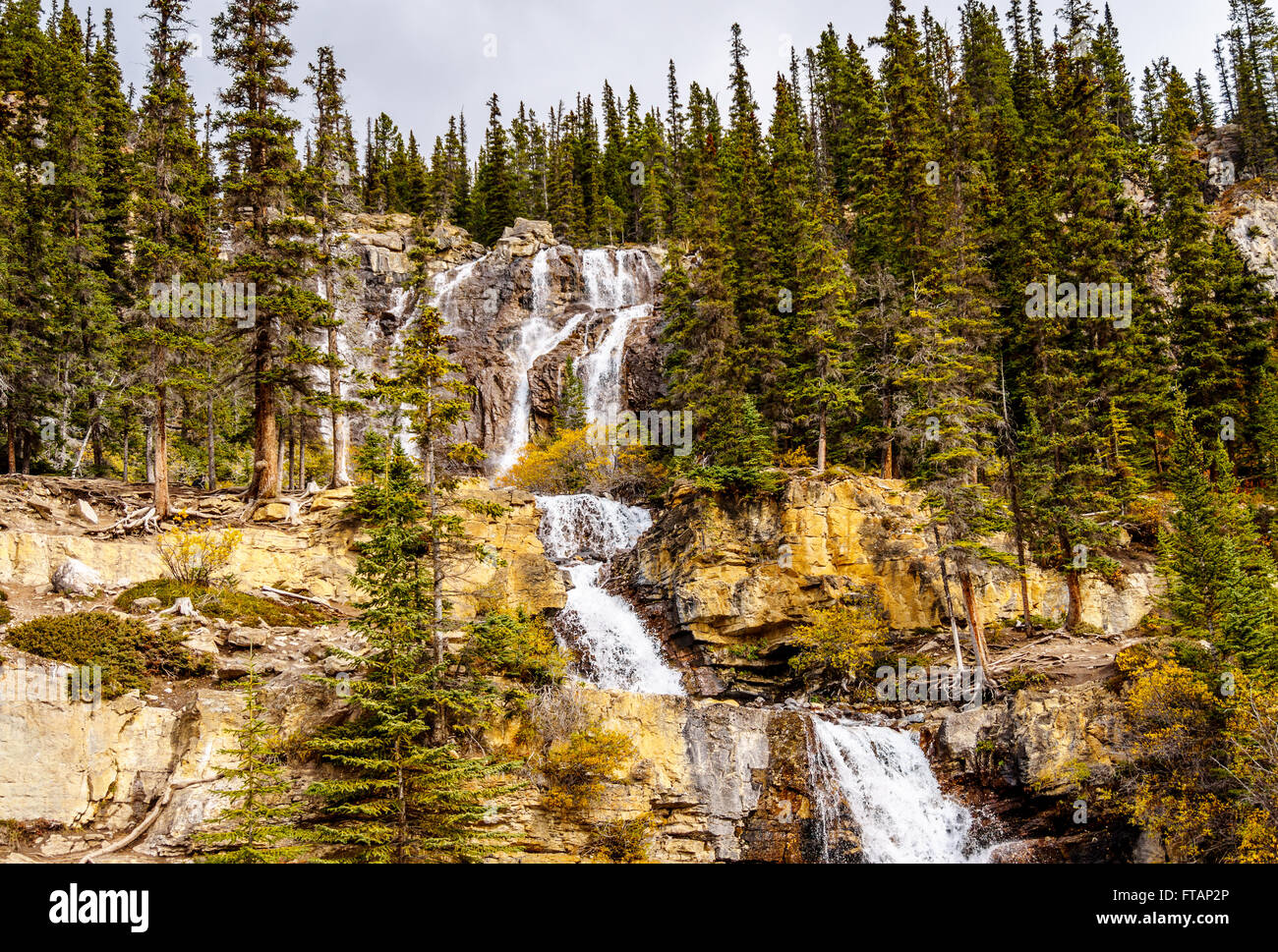 Tangle Falls at the Ice Fields Parkway in Jasper national Park in the Canadian Rocky Mountains in Alberta, Canada Stock Photo