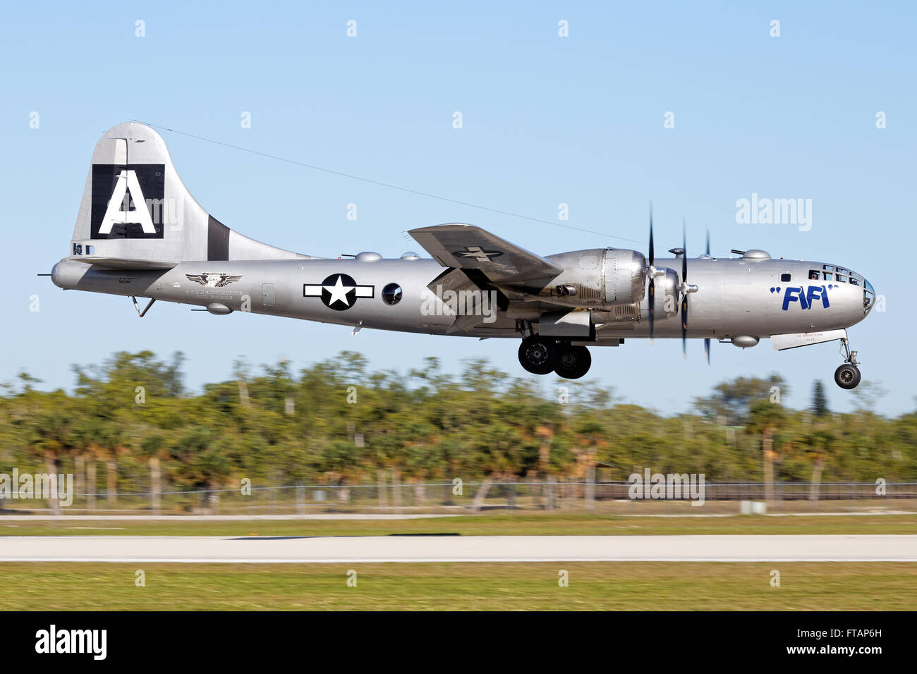 Boeing B-29 'Fifi' landing at Naples Airport, Florida Stock Photo