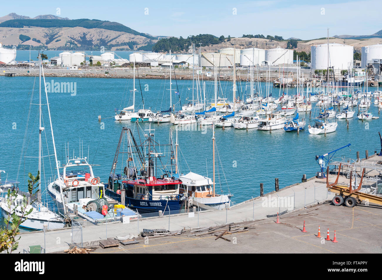 Fishing boats and yachts in harbour, Lyttelton, Lyttelton Harbour, Banks Peninsula, Canterbury, New Zealand Stock Photo