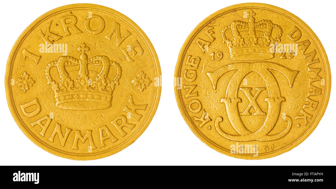 Bronze 1 krone 1929 coin isolated on white background, Denmark Stock Photo