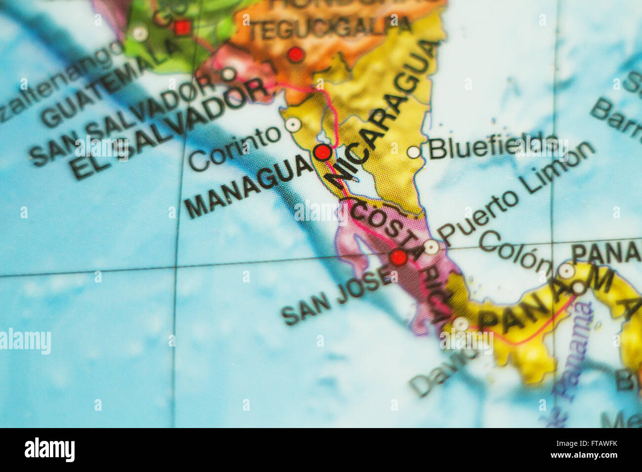 Photo of a map of Nicaragua and the capital Managua . Stock Photo