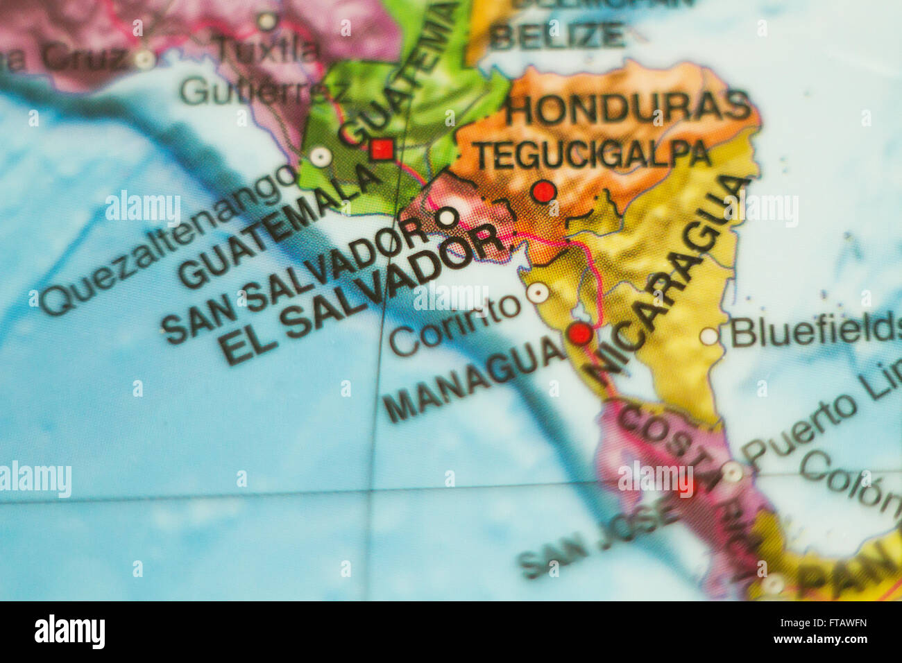 Photo of a map of El Salvador and the capital San Salvador . Stock Photo