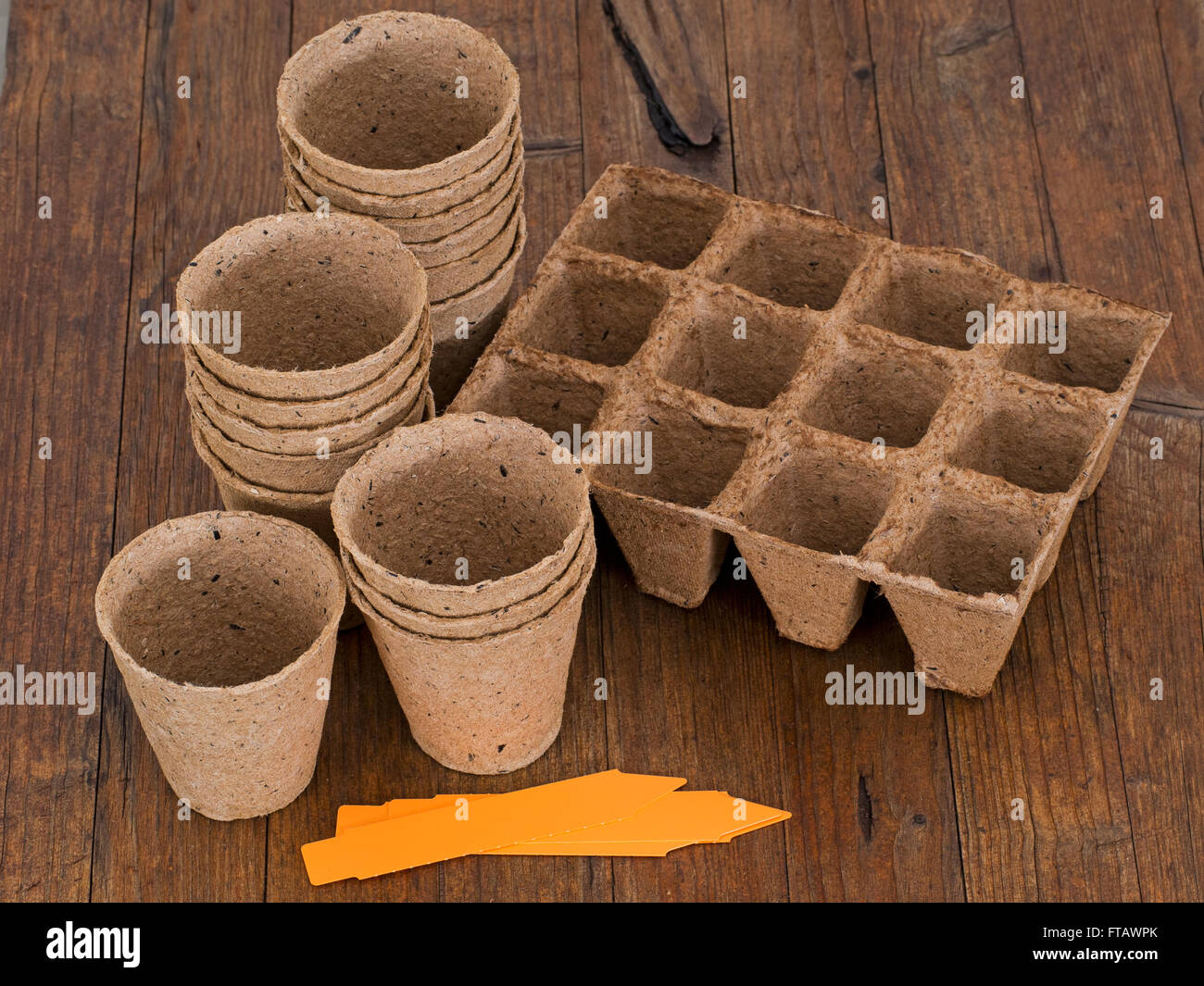 Seeds pots and labels on wooden bench. With labels. Stock Photo