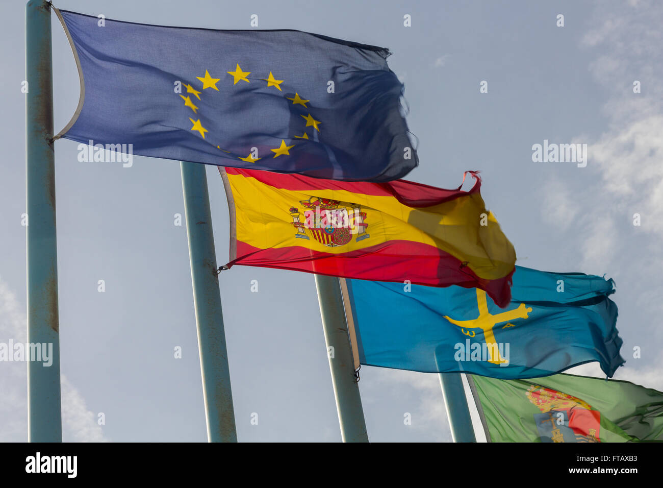 Regional flags of Spain in the wind Stock Photo
