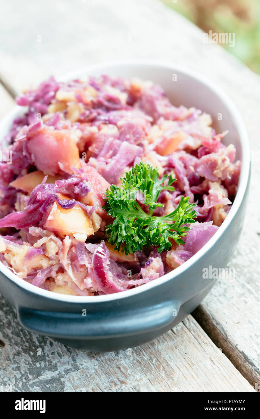 Traditional Dutch red cabbage stamppot (mash pot) with potatoes, red cabbage, onion and apple as side-dish. Stock Photo