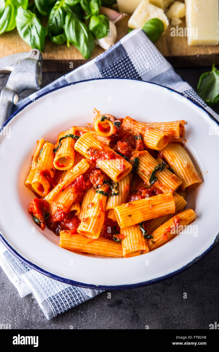 Pasta. Italian and Mediterranean cuisine. Pasta Rigatoni with tomato