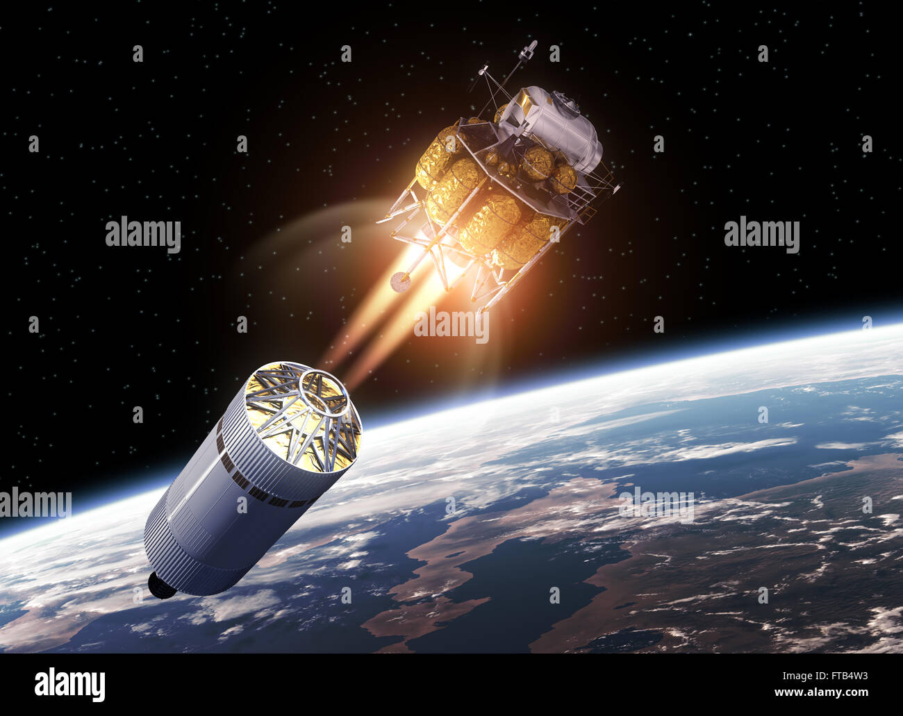 Crew Exploration Vehicle In Space. 3D Scene. Stock Photo