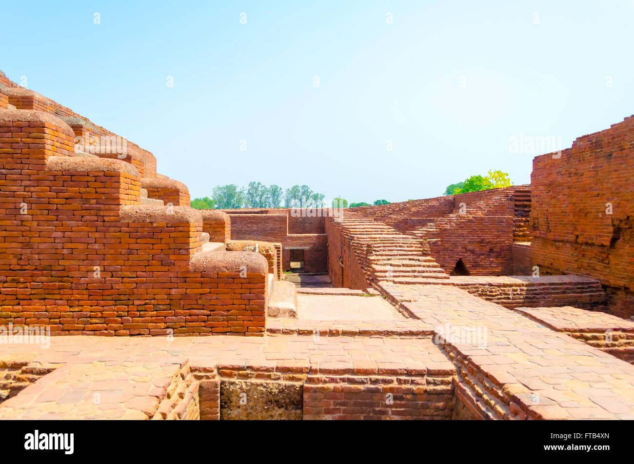 Nalanda Ruin with many of brick wall and passage ,stair case Stock Photo
