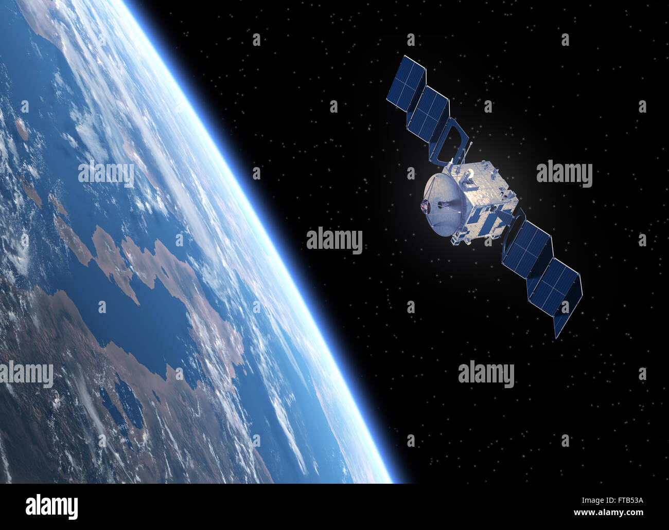 Satellite Deploys Solar Panels. 3D Scene. Stock Photo