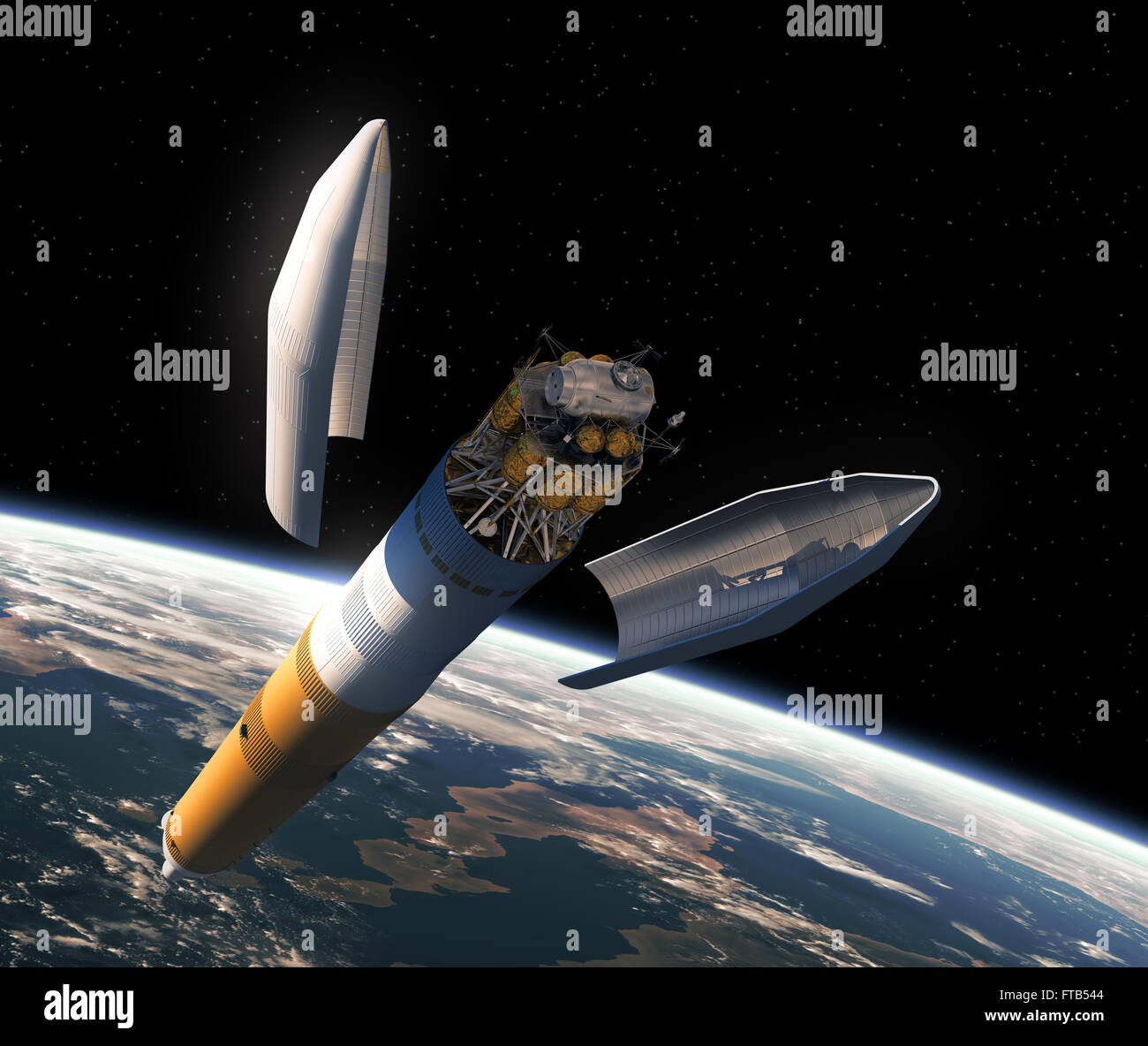 Launching Of Interplanetary Space Station. 3D Scene. Stock Photo