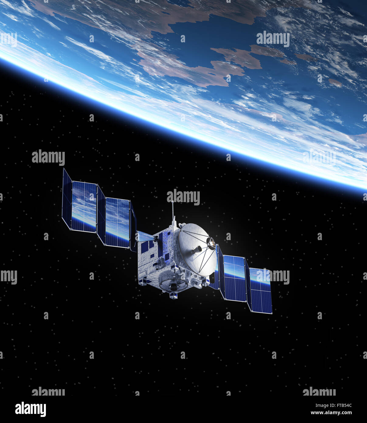 Satellite Deploys Solar Panels In Space. 3D Scene. Stock Photo