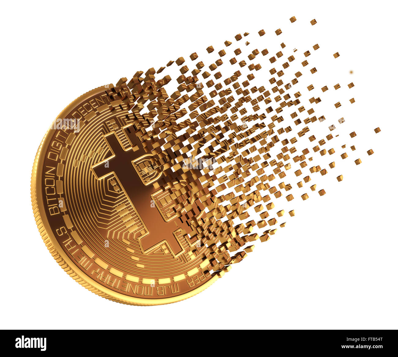 Bitcoin Falls Apart To Pixels. 3D Model. Stock Photo