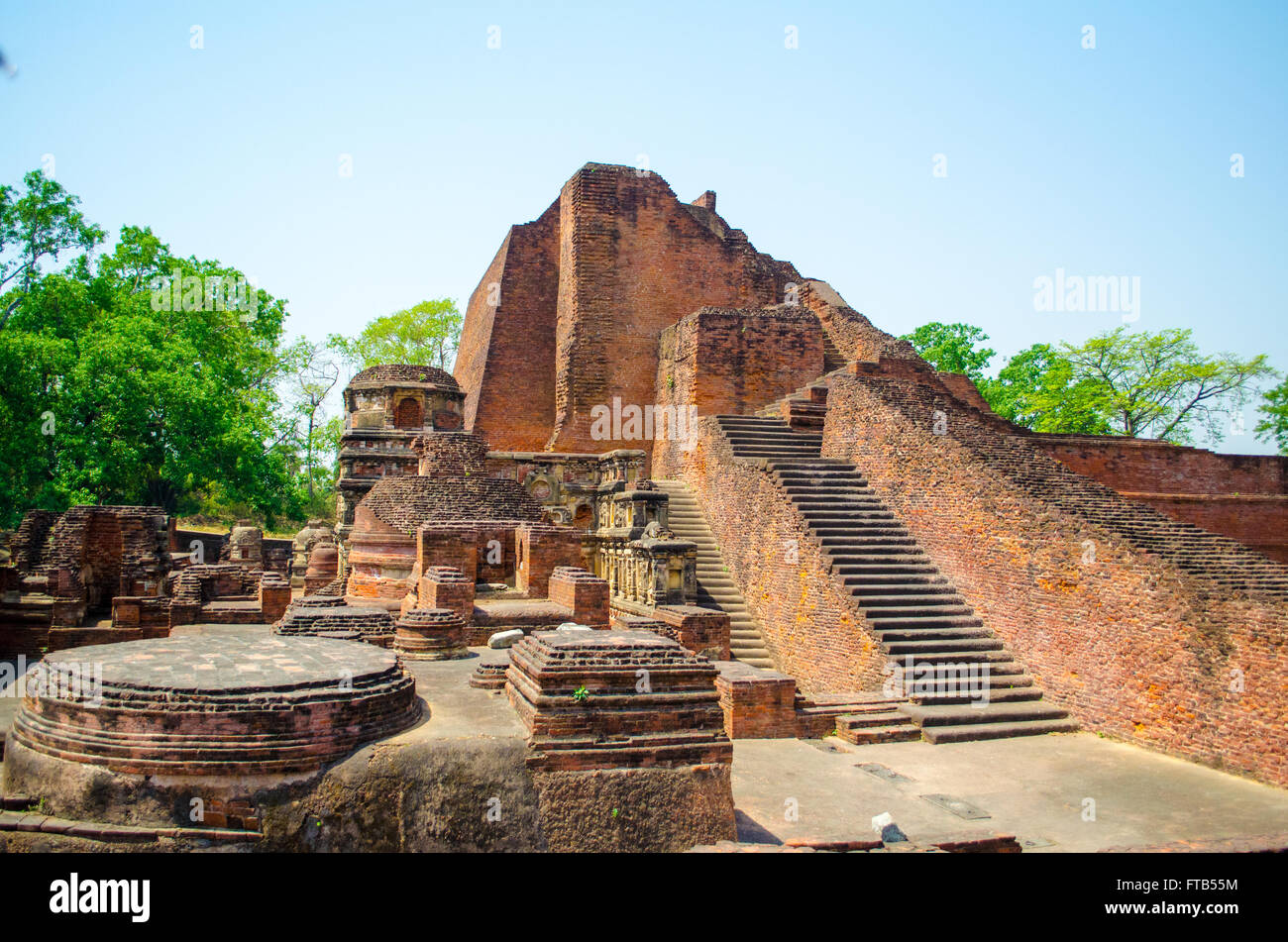Nalanda University Ruin : Main Temple with stair case in India Stock Photo