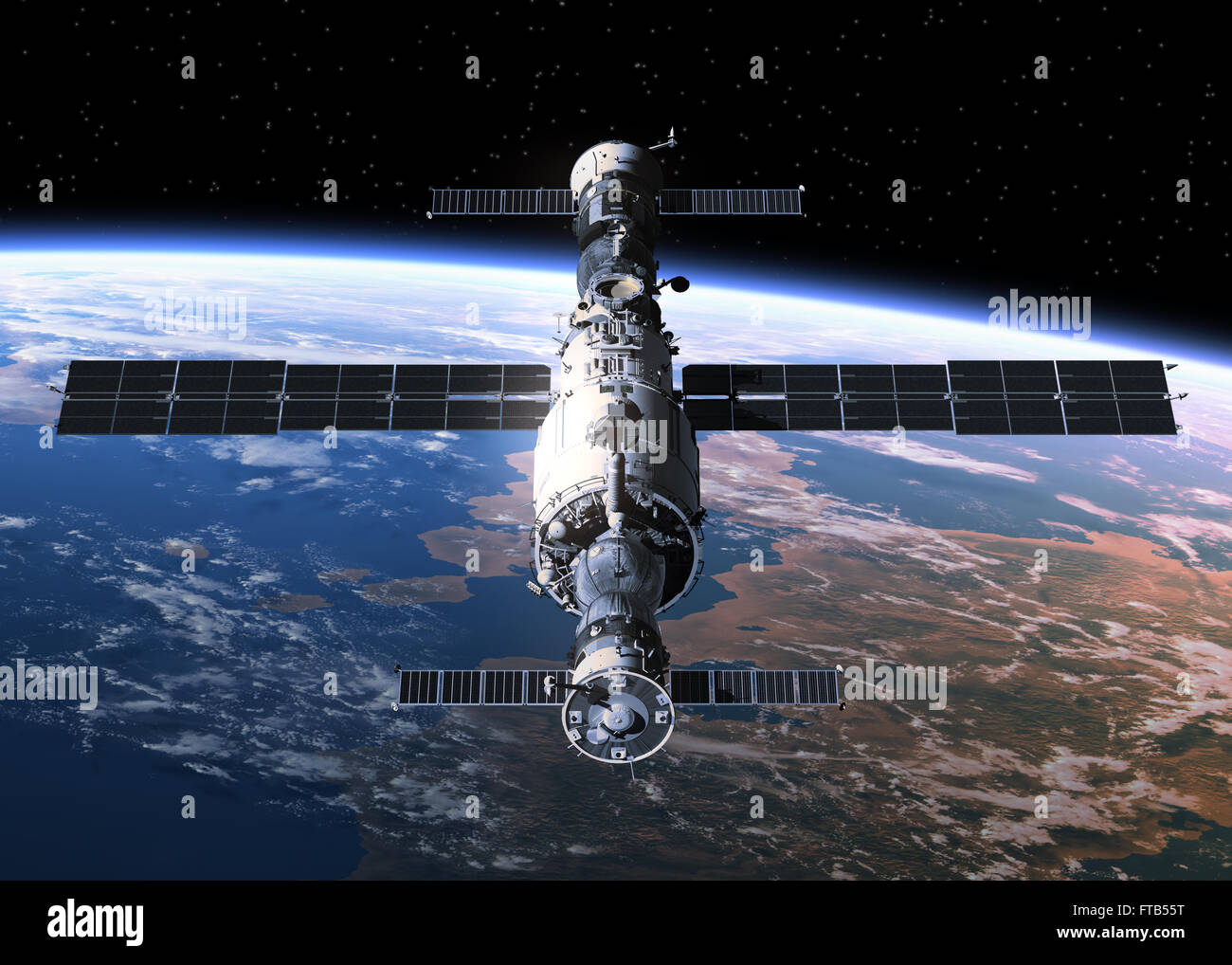 Space Station Orbiting Planet Earth. 3D Scene. Stock Photo