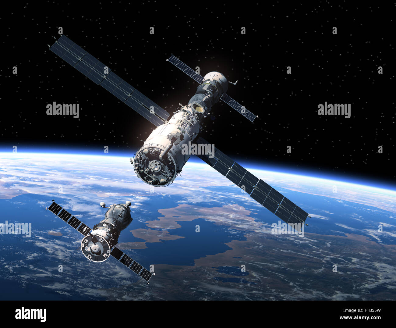 Spacecraft And Space Station Orbiting Earth. 3D Scene. Stock Photo