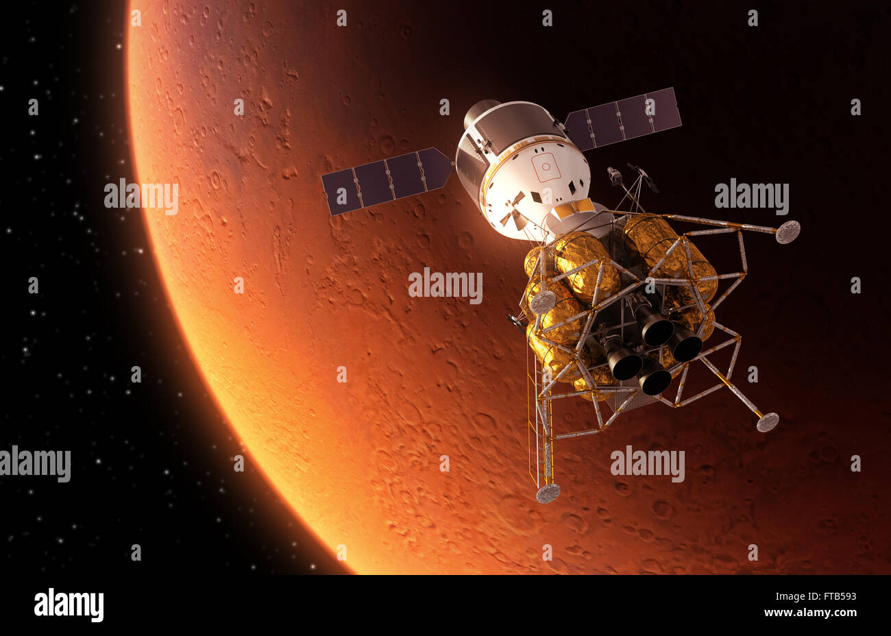 Interplanetary Space Station Orbiting Red Planet Stock Photo