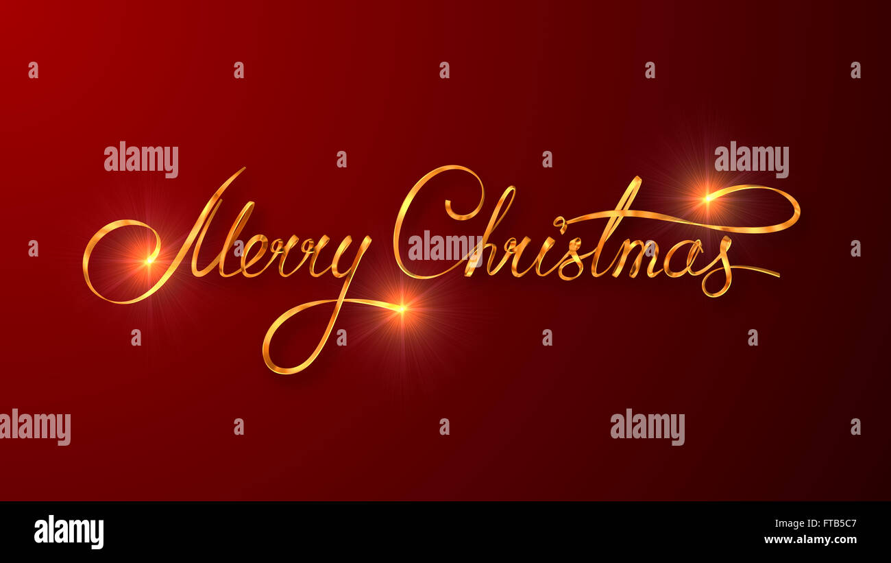 Gold Text Design Of Merry Christmas On Red Color Background. 3D Scene. Stock Photo