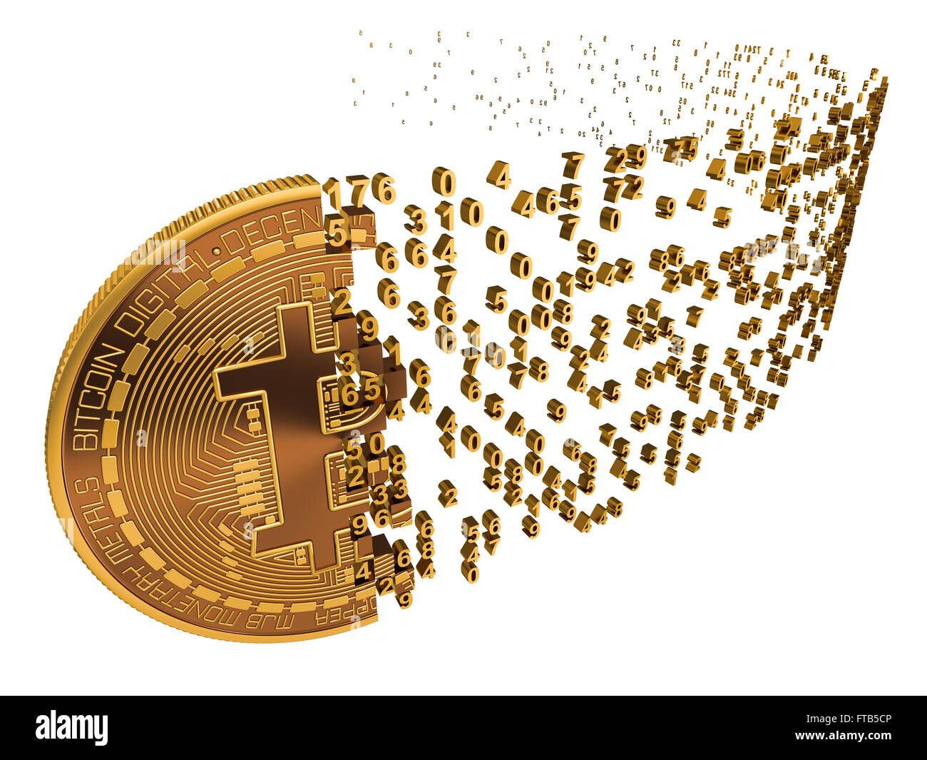 Bitcoin Falling Apart To Digits On White Background. 3D Model. Stock Photo