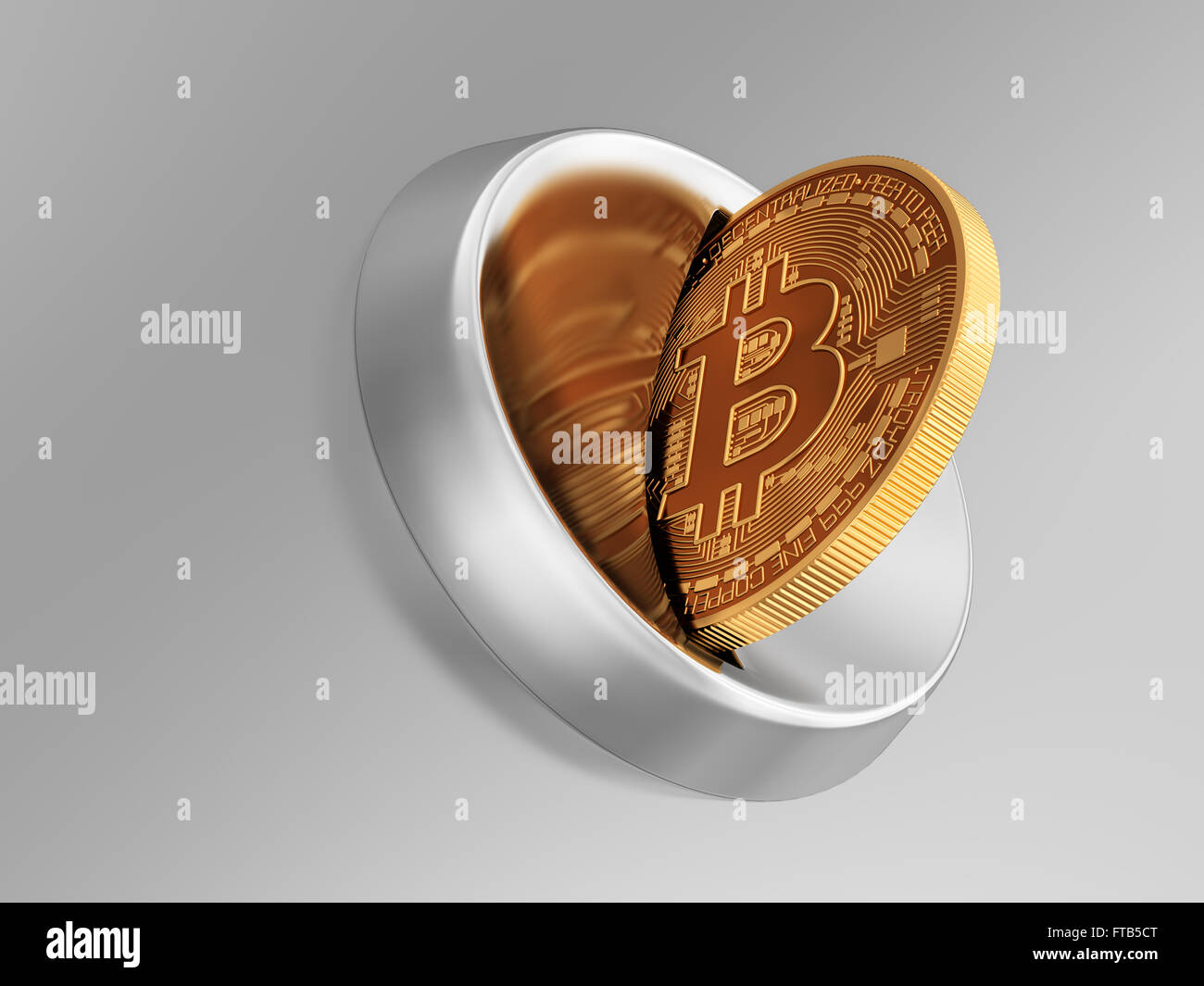 Putting Bitcoin Into Coin Slot And Creating Heart Shape With Reflection. 3D Scene. Stock Photo