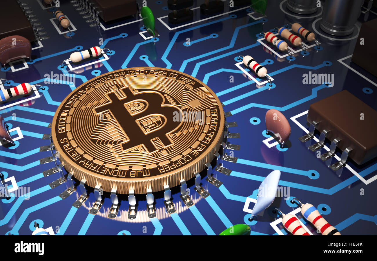 Concept Of Bitcoin Like CPU On Motherboard. 3D Scene. Stock Photo