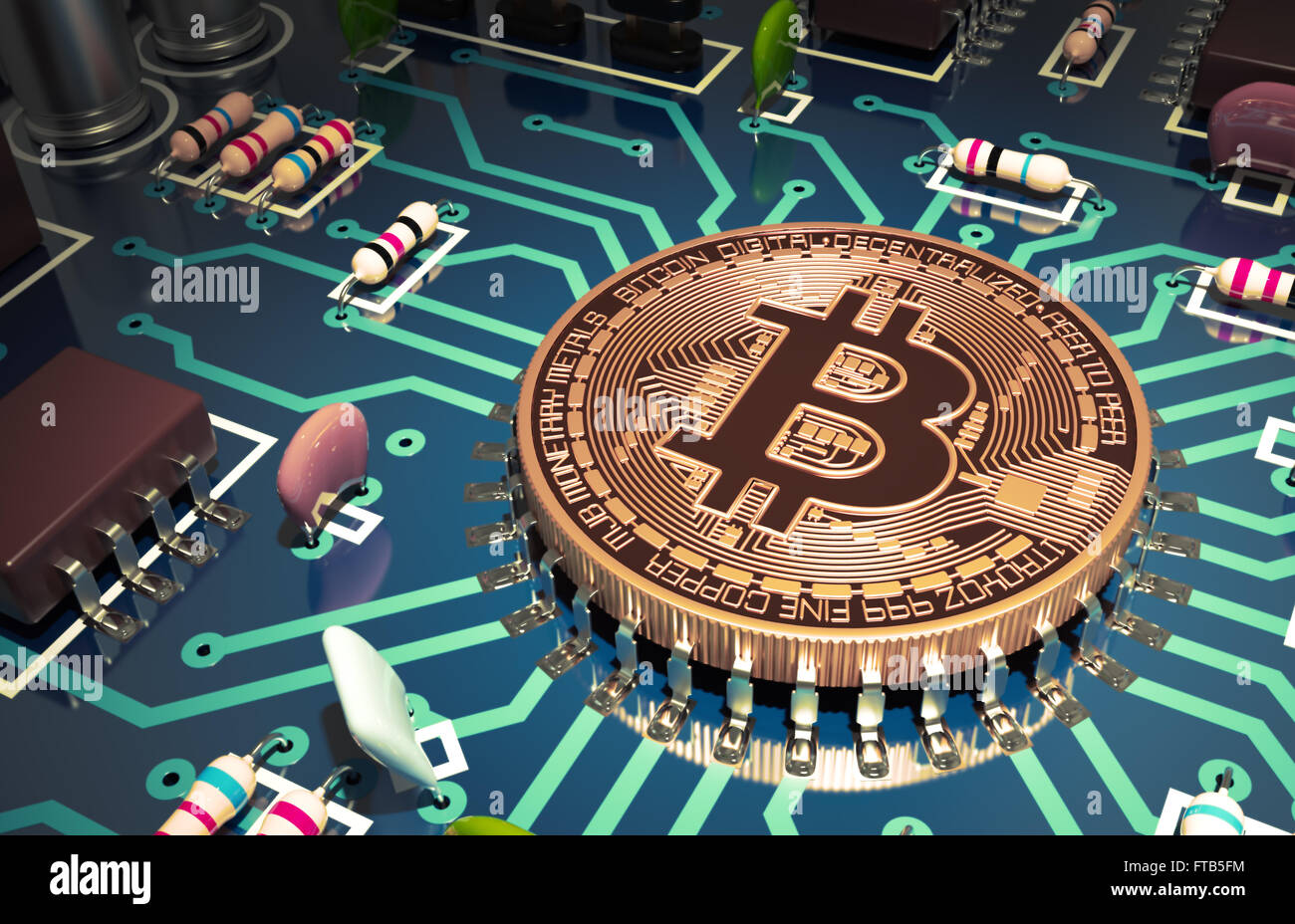 Bitcoin Like A Computer Chip On Motherboard. 3D Scene. Stock Photo